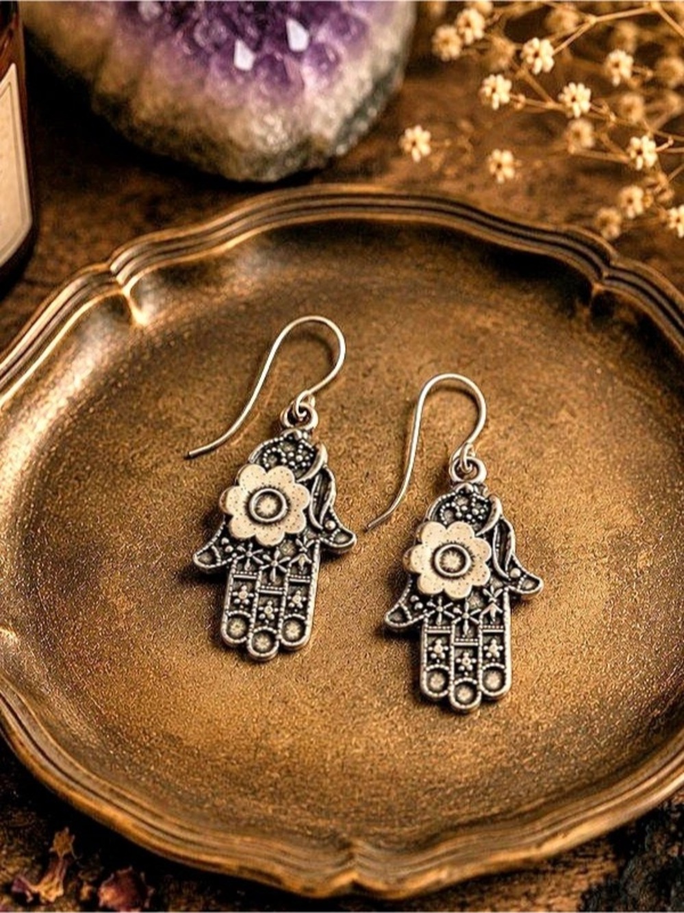 Floral Hamsa Hands Dangle Earrings
